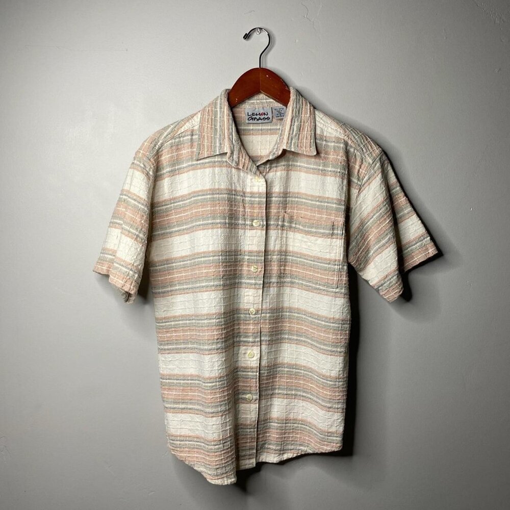 90s vintage short, sleeved button up shirt, cream and pink by lemon grass